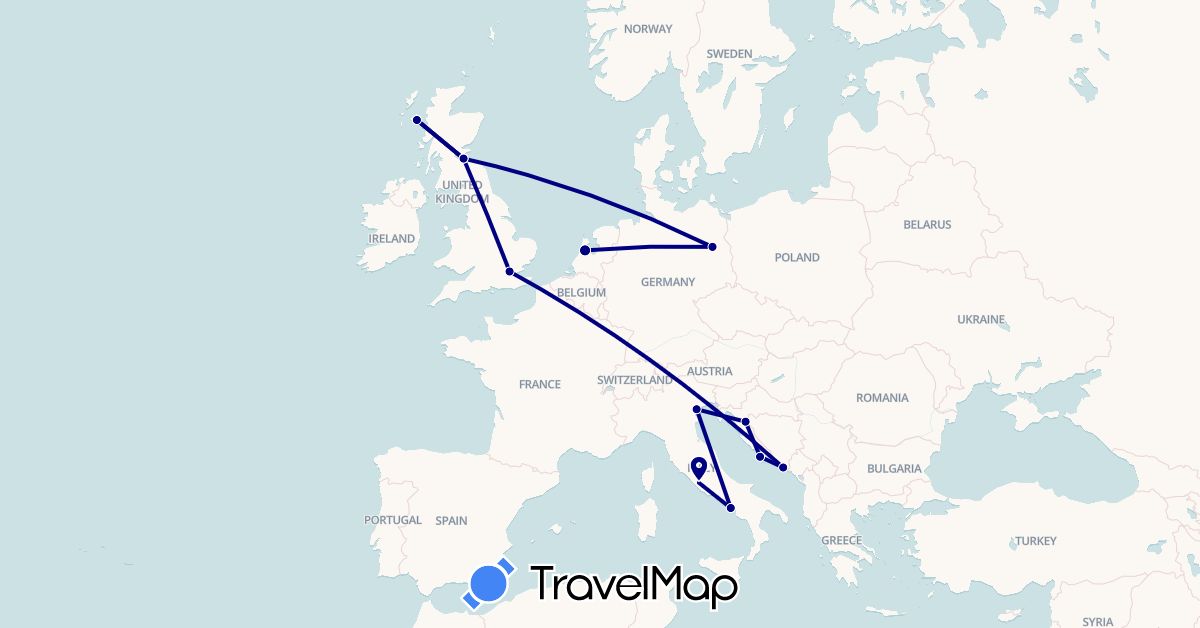 TravelMap itinerary: driving in Germany, United Kingdom, Croatia, Italy, Netherlands (Europe)